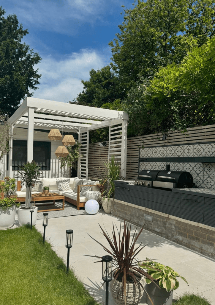 A stylish modern garden featuring outdoor furniture and a sleek barbecue setup for entertaining.