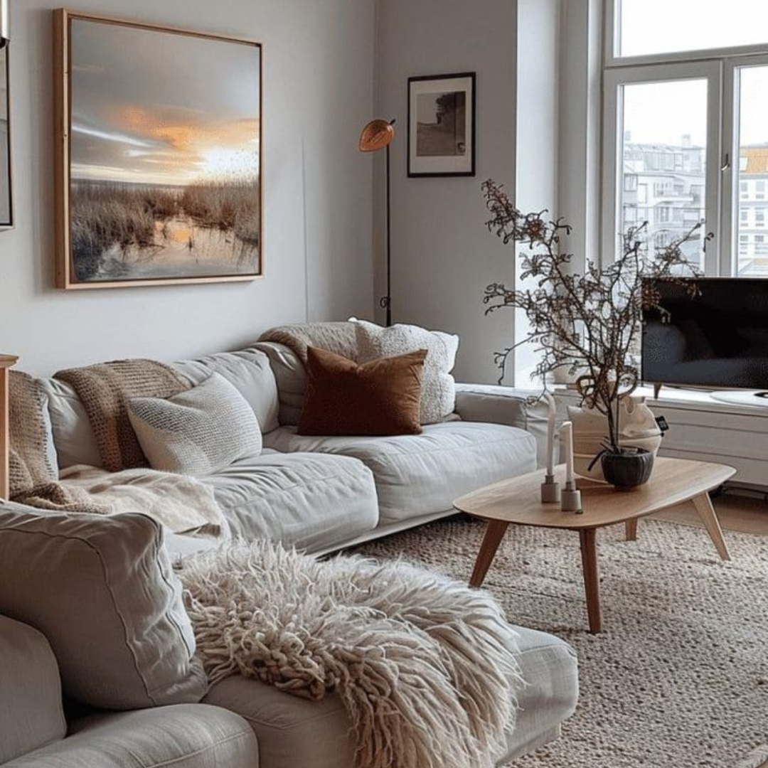 Cosy living room featuring a comfortable couch, a stylish coffee table, and an eye-catching painting on the wall.