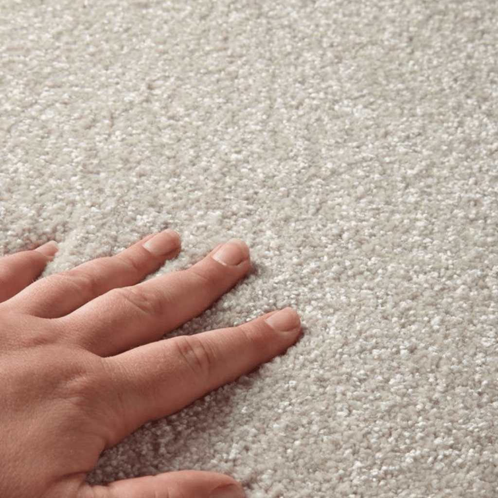 A person's hand resting on a plush carpet, highlighting the intricate patterns and inviting feel of the fabric.