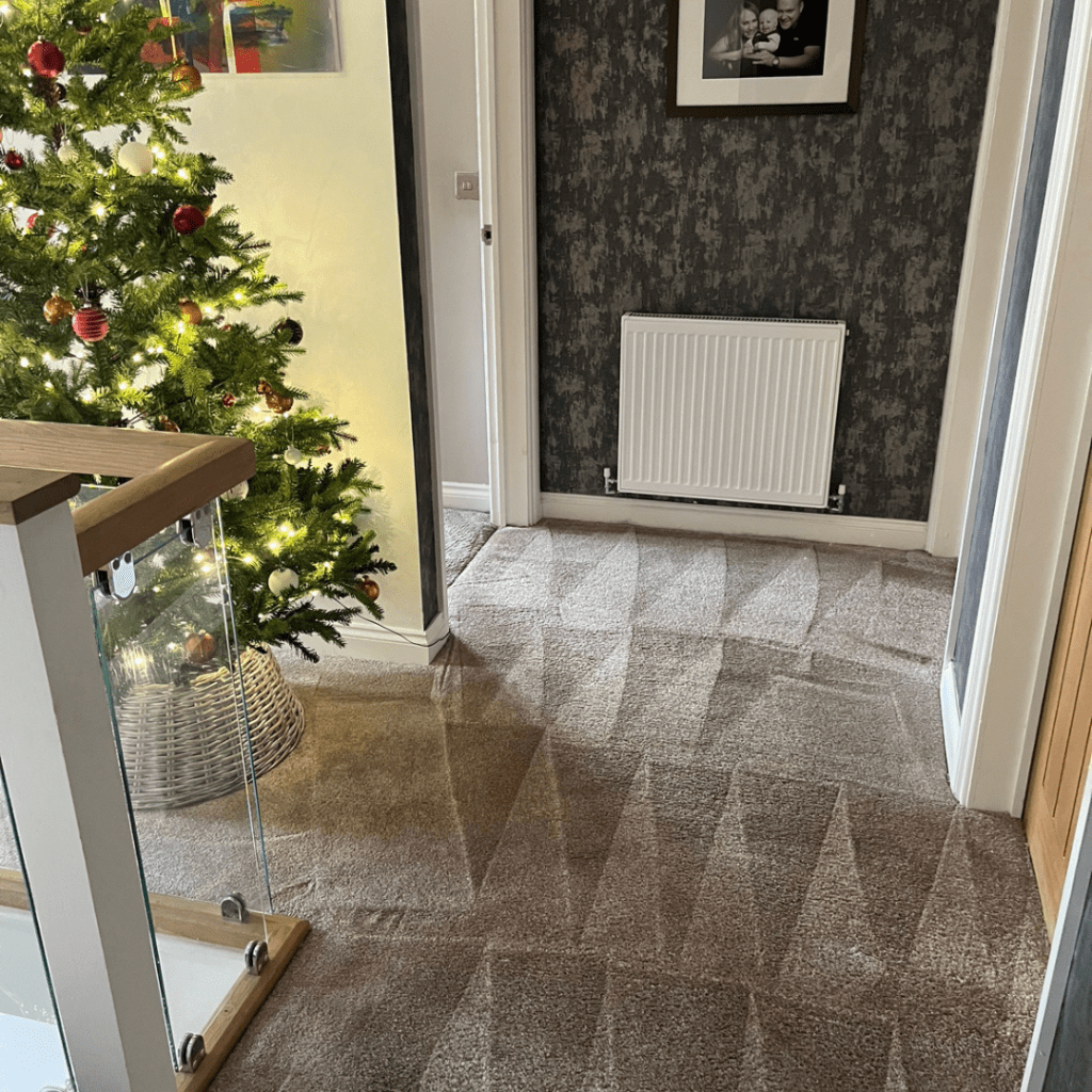A cosy hallway featuring a beautifully decorated Christmas tree beside a staircase.