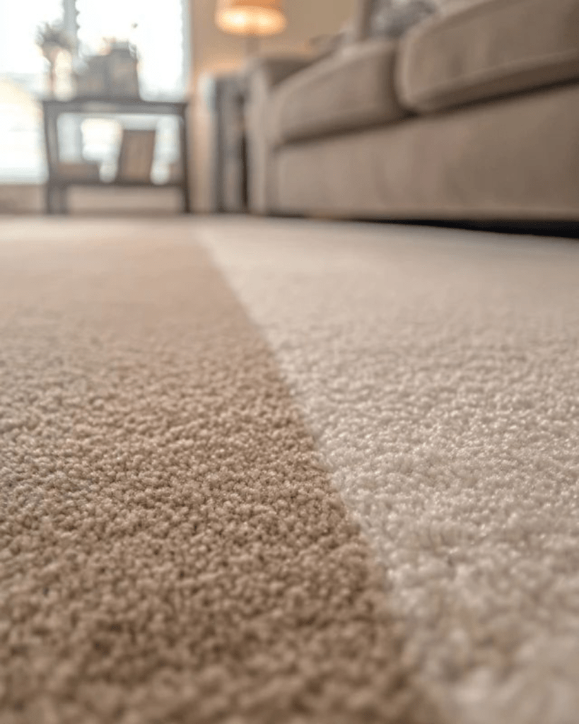 A cosy carpeted room featuring a couch and a decorative rug, creating a warm and inviting atmosphere.