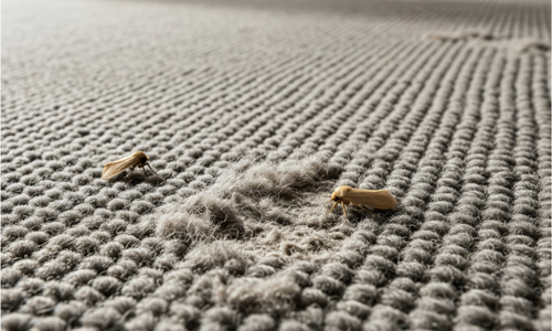 A small bug is seen on a patterned carpet, showcasing the contrast between the bug and the carpet's design.