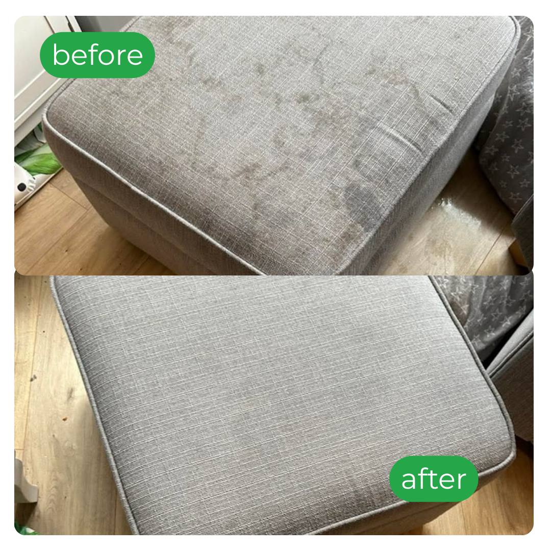 Before-and-after grey chair cushion; top stained, bottom clean.