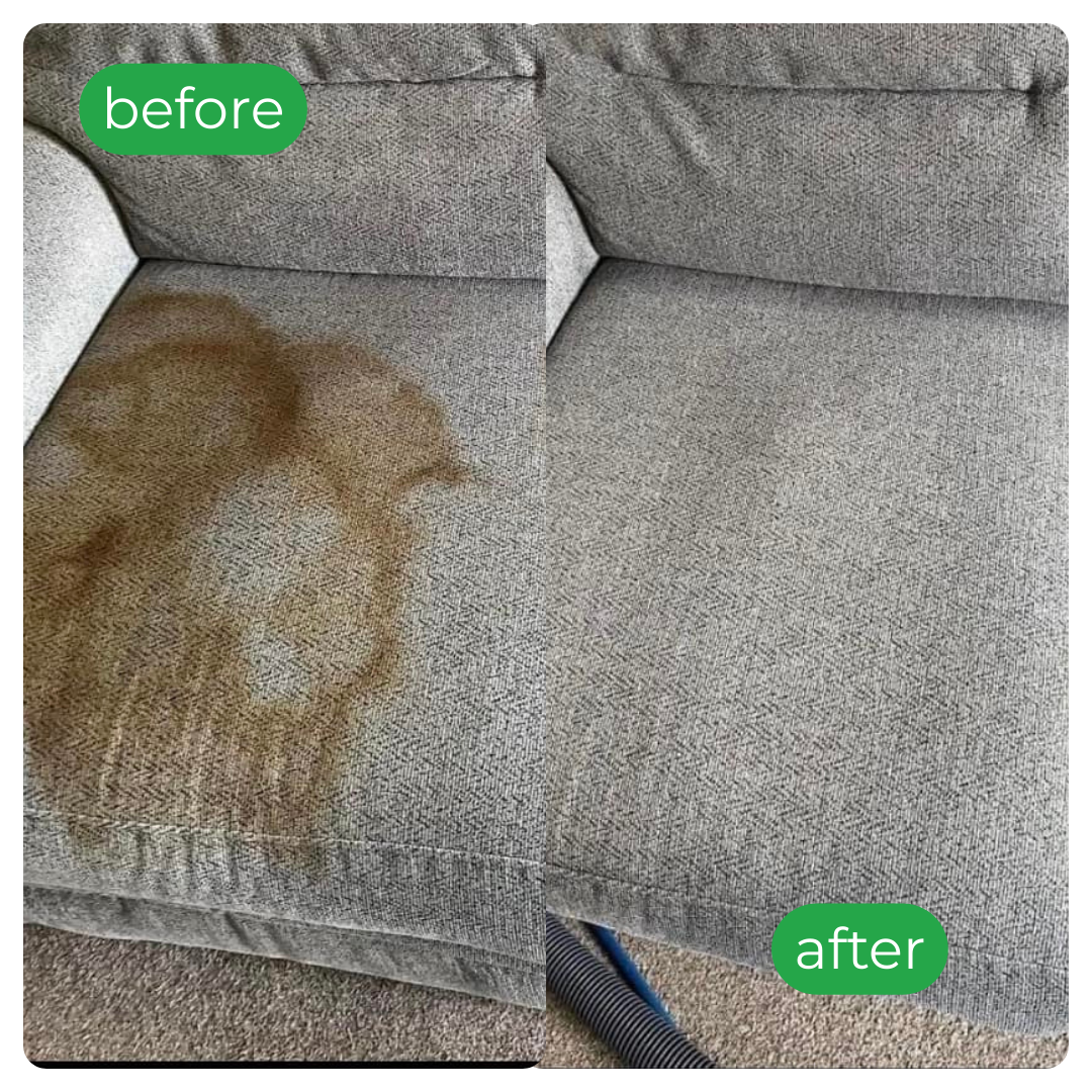 Before-and-after of a grey couch cushion; left stained, right clean.