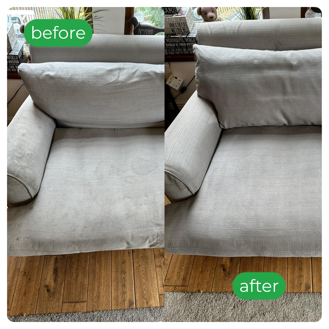 Grey armchair before/after: left seat stained, right side clean and fresh.