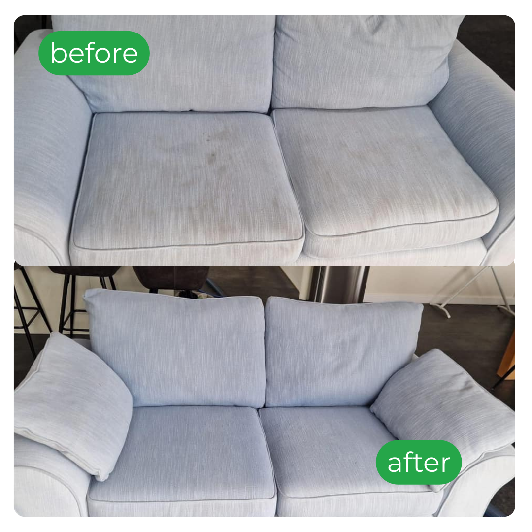 Light blue sofa before/after: top cushions stained, bottom cushions clean and fresh.