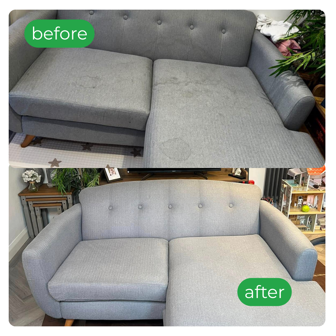 Grey sofa split image: top stained "before," bottom clean "after," tidy and refreshed.