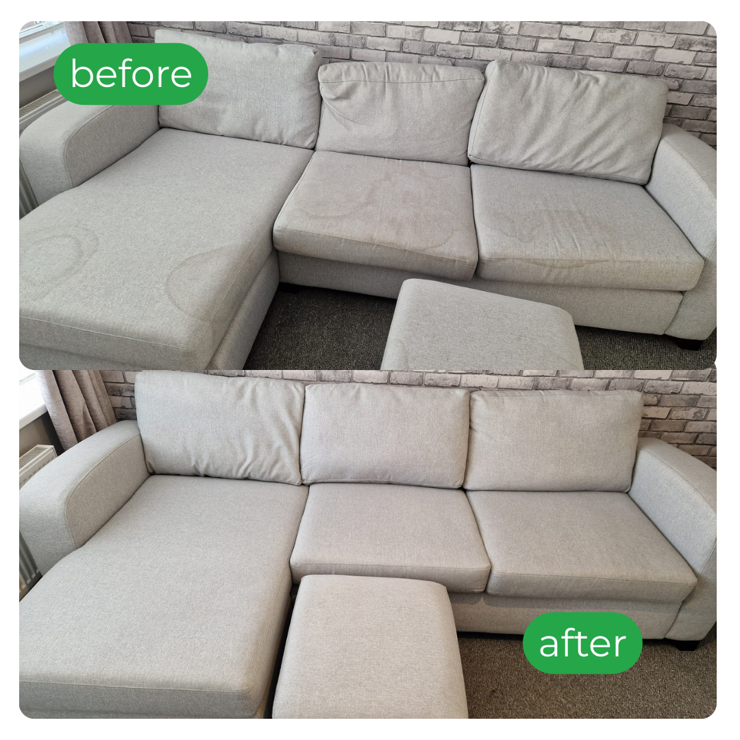 Light grey sofa before/after: top stained and worn, bottom clean and refreshed.