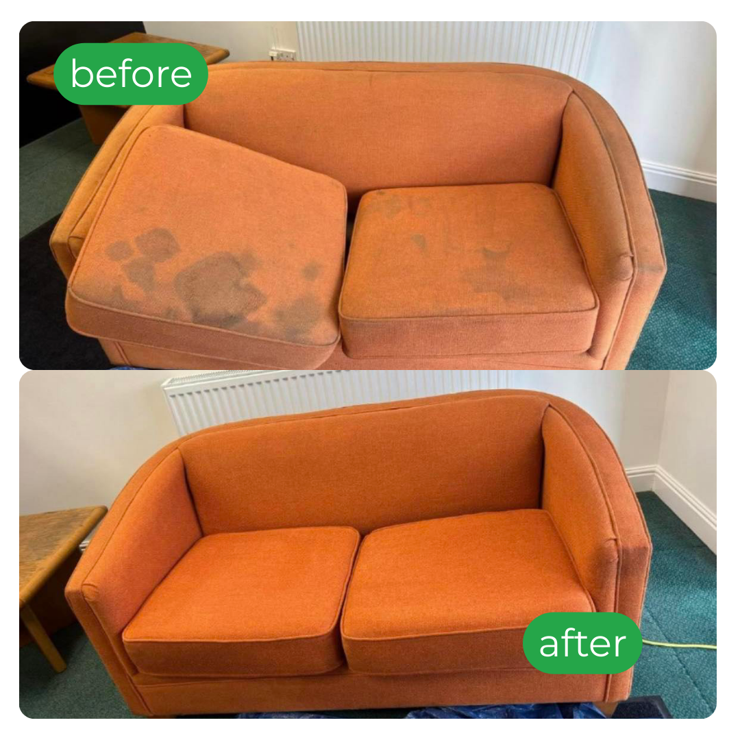 Before-and-after orange sofa; left stained, right clean and refreshed.