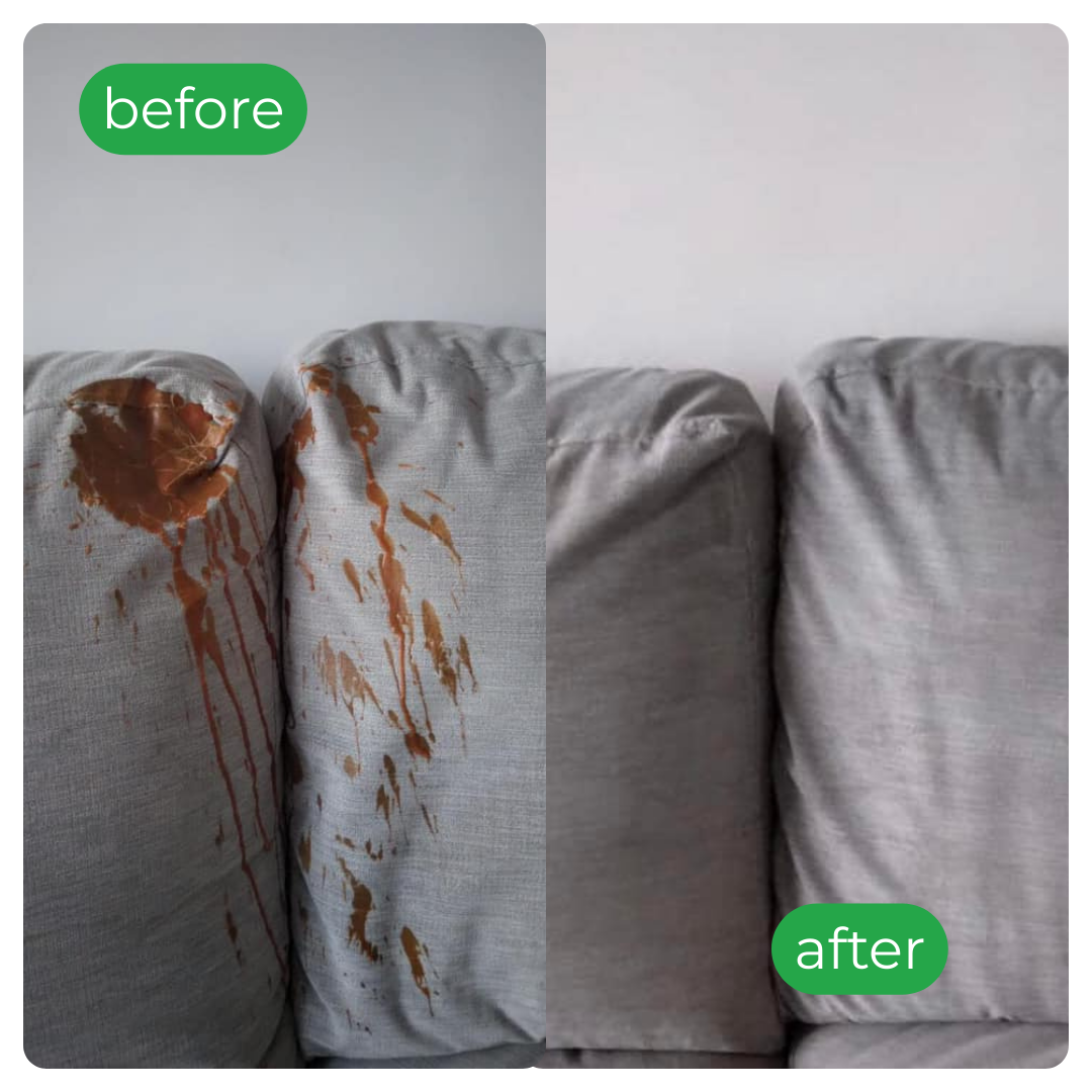 Before-and-after sofa; left with red food stain, right clean.