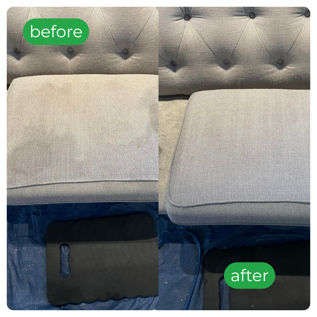 Before-and-after grey sofa cushion; left stained, right clean with tags.