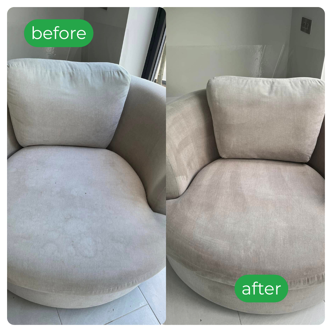 Before-and-after beige armchair; left stained, right clean.