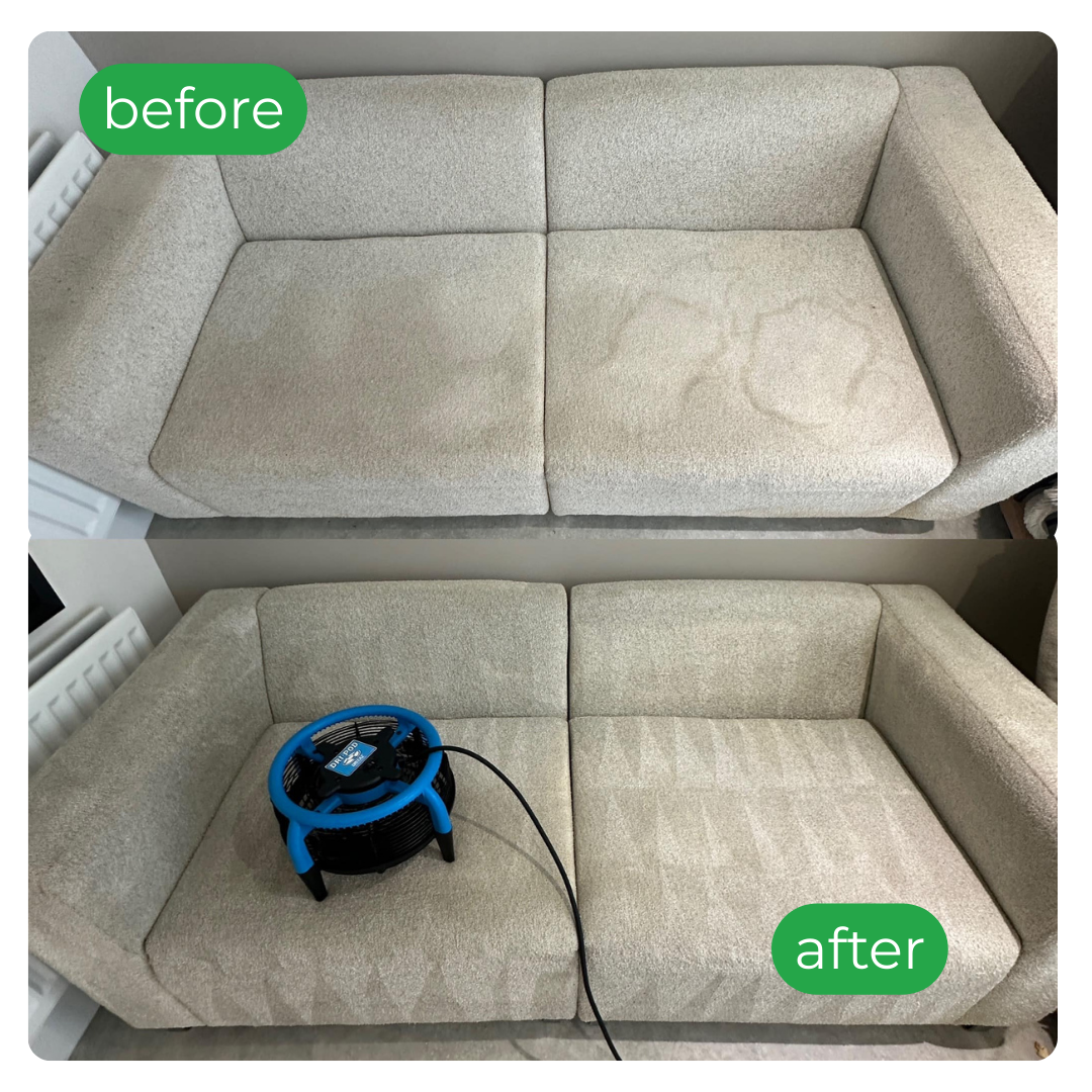 Before-and-after light-coloured sofa; left stained, right clean with drying fan.