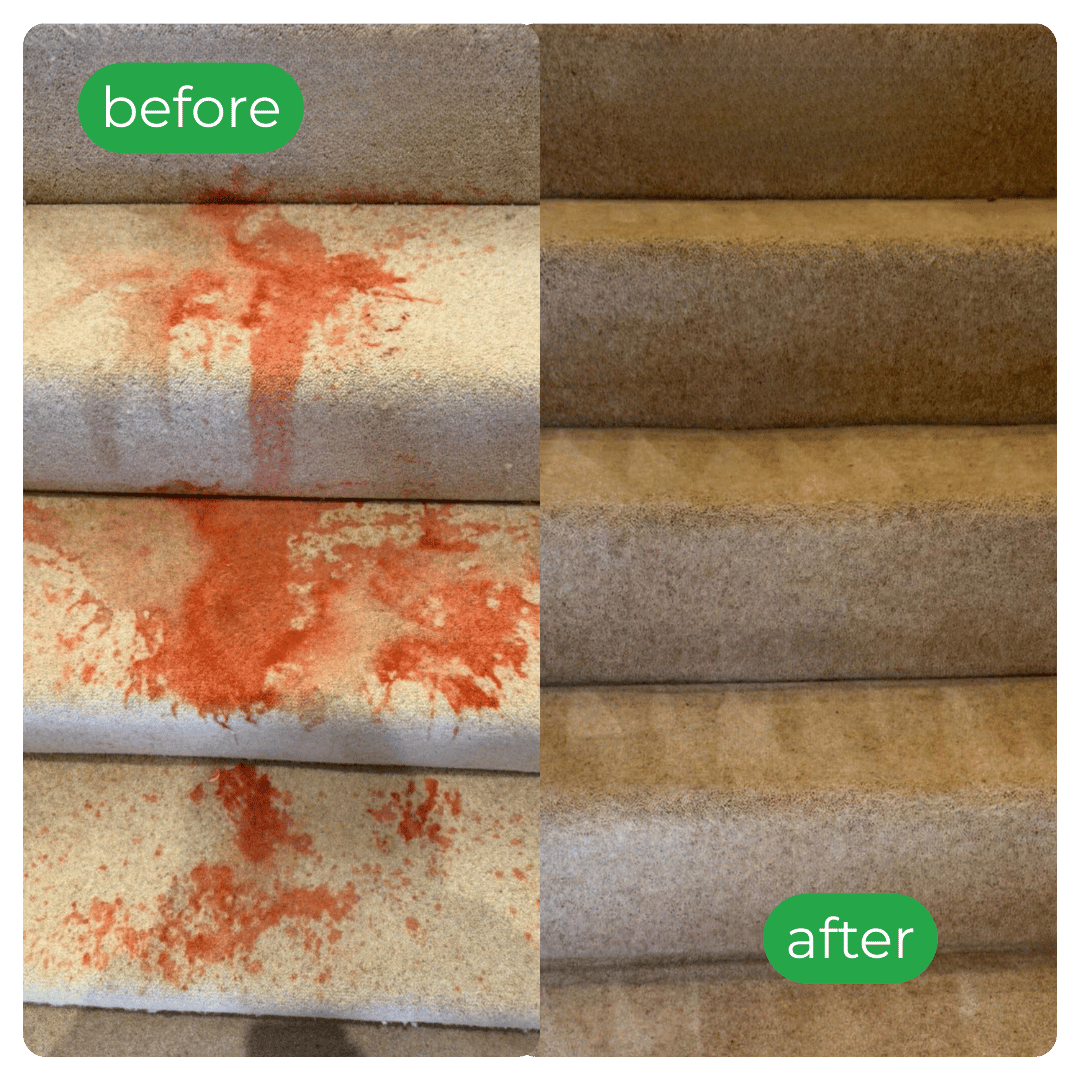 Before-and-after carpeted stairs; left red stains, right clean