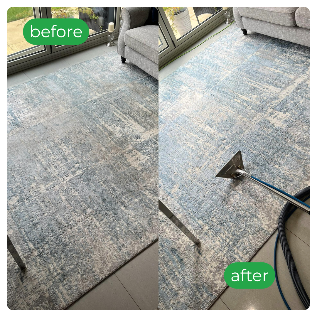 Split rug cleaning image showing dull “before” and bright “after” with cleaning tool.