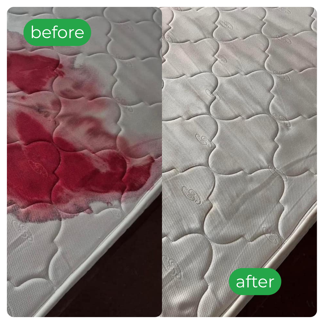 Before and after image of a mattress. Left: stained with red spots. Right: stains completely removed, showing a clean, white surface. Shows effective cleaning.