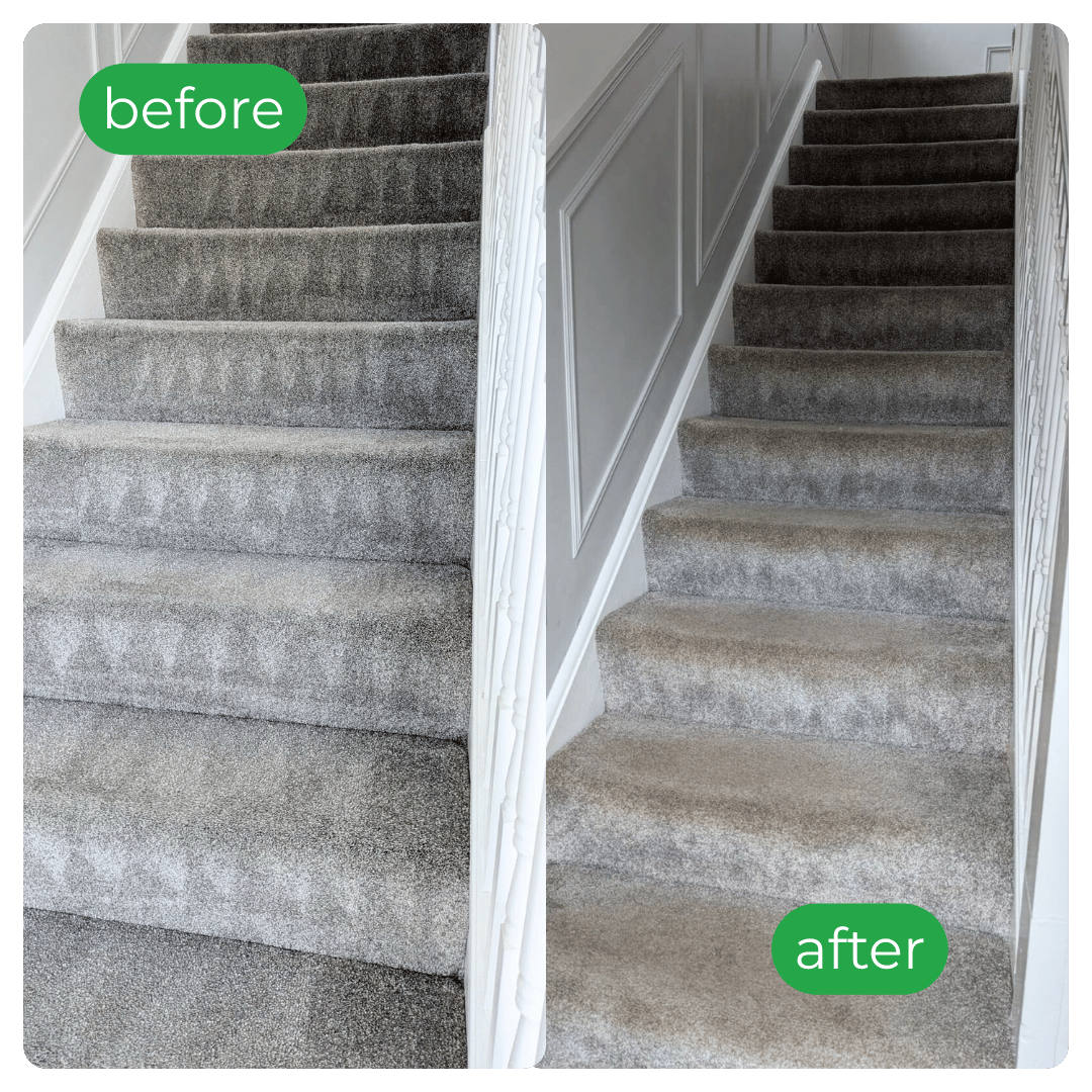 Before-and-after carpeted stairs; left dark and worn, right clean and light.