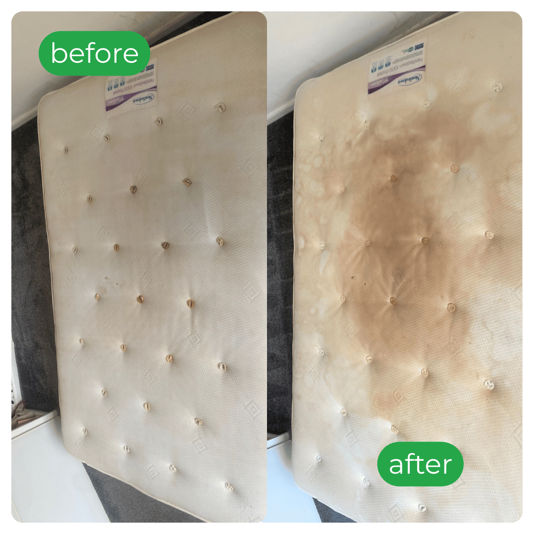 Before and after image of a mattress. Left side is clean and pristine, while the right side is stained and heavily soiled. Tone conveys contrast.