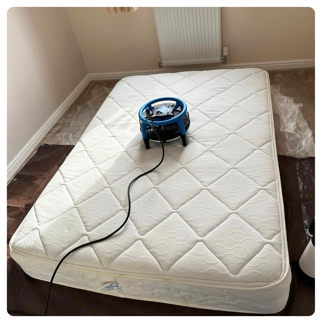 A worn, white mattress with visible stains and indentations fills the frame. It is flanked by two white nightstands, creating a sense of neglect.