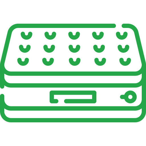 Green line art of a mattress with a handle, covered in small circular indents. The image conveys a simple, minimalistic style.