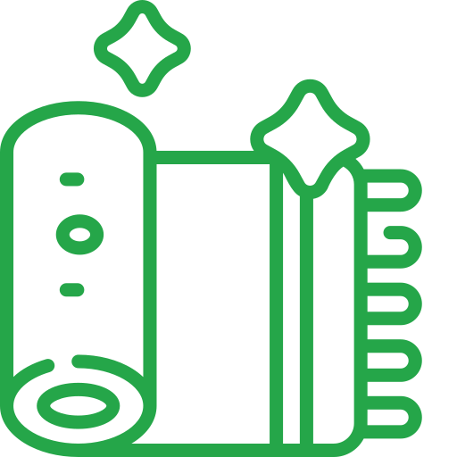 Green-outlined rolled carpet icon with stars on black, symbolising cleanliness/newness.