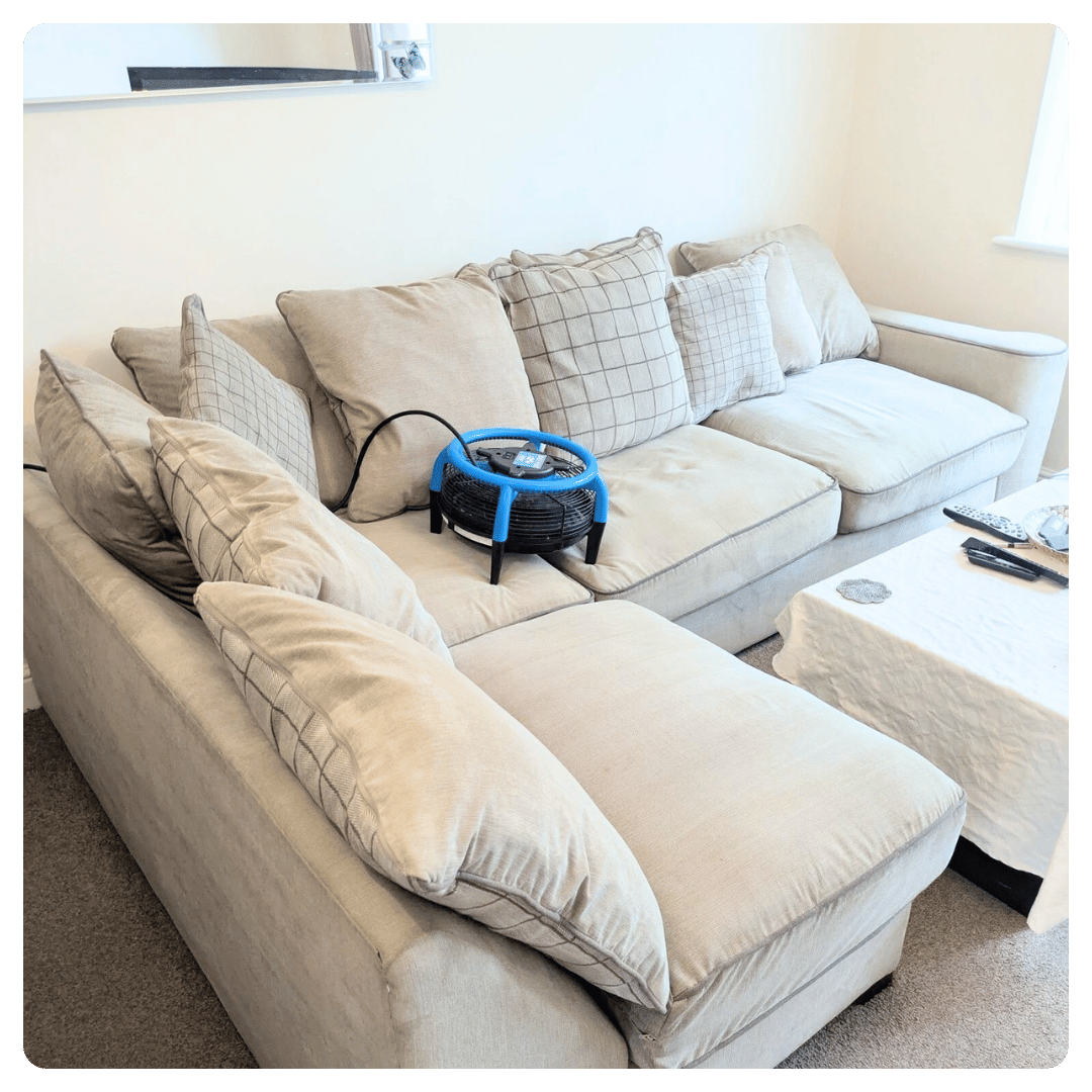 Beige sectional sofa with checkered cushions in the living room.