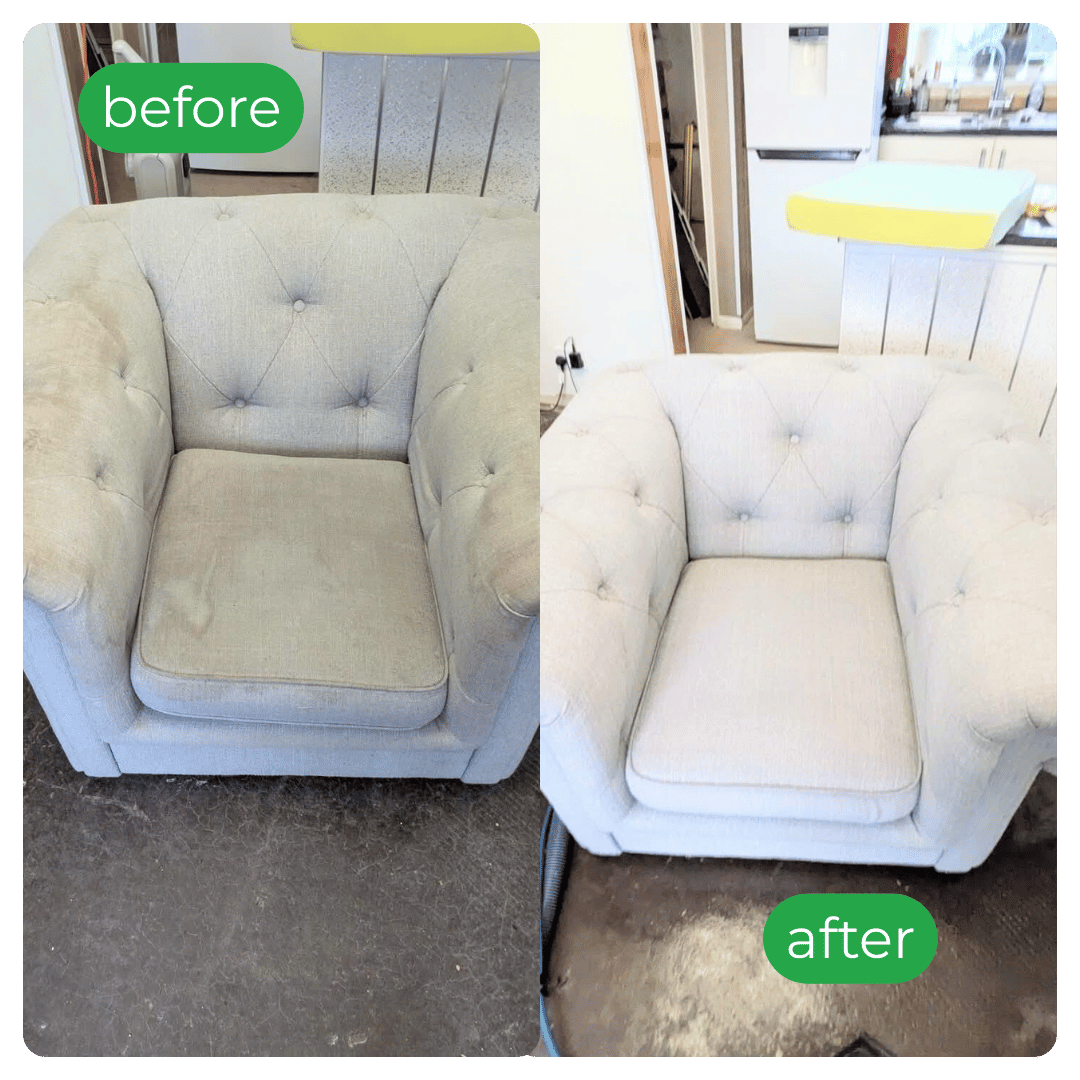 Before-and-after of a tufted armchair; left worn and stained, right clean and refreshed.