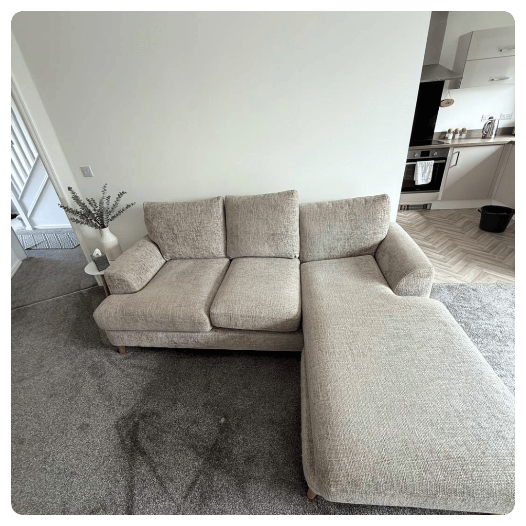 Beige L-shaped sofa on grey carpet in bright living room with side table and greenery.