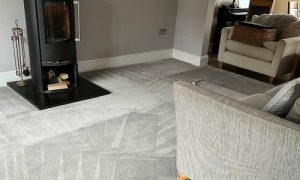 A cozy living room with a modern fireplace, neatly vacuumed carpet, and comfortable beige sofas. The ambiance is warm and inviting.