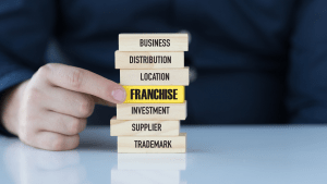 Jenga on a desk, with business words printed on them, whilst a hand picks the one saying "franchise".